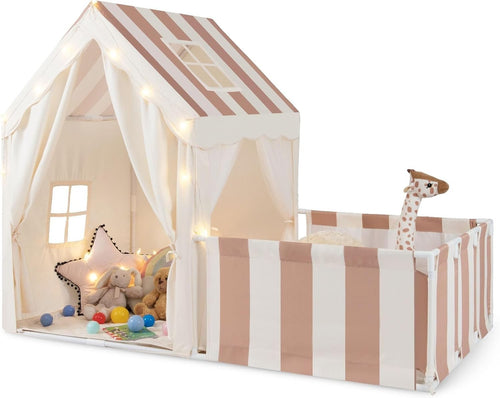 Kids Play Tent Beige Coffee Castle with Lights Mat Indoor Toddler Playhouse