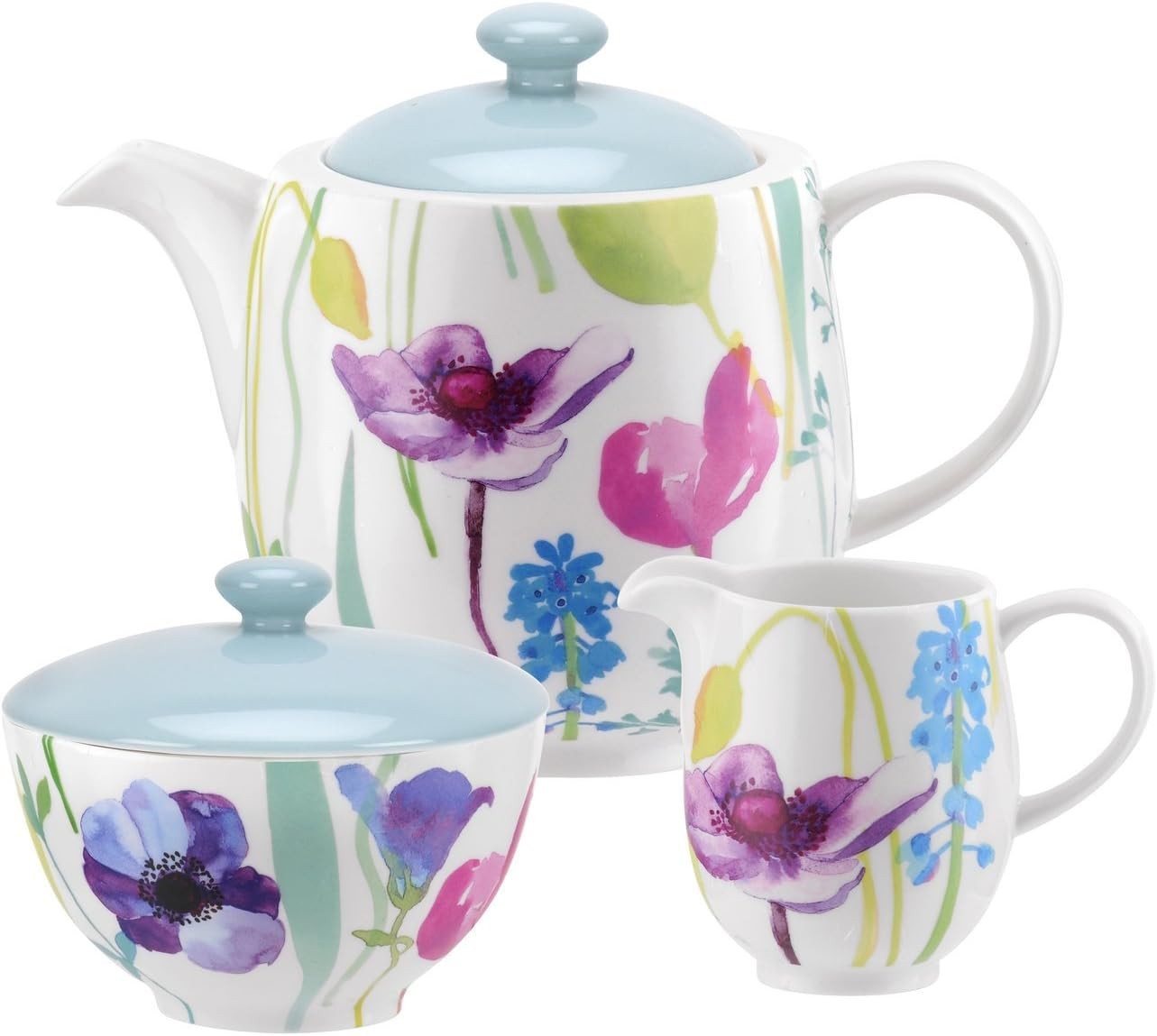 3Pc Porcelain Tea Set Teapot Sugar Bowl Milk Jug Water Garden