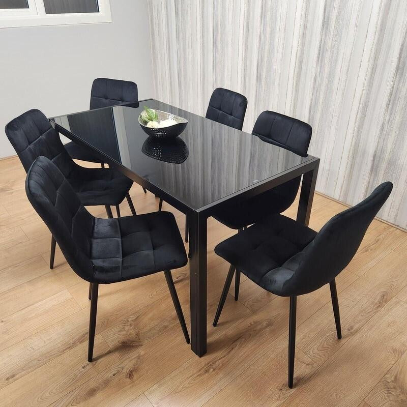 Glass Dining Table Set with 6 Velvet Chairs | Modern Black Kitchen Set