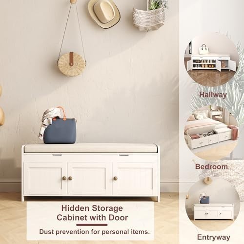 White Shoe Storage Bench with Cushion Seat 3-Door Cabinet & Hidden Compartment