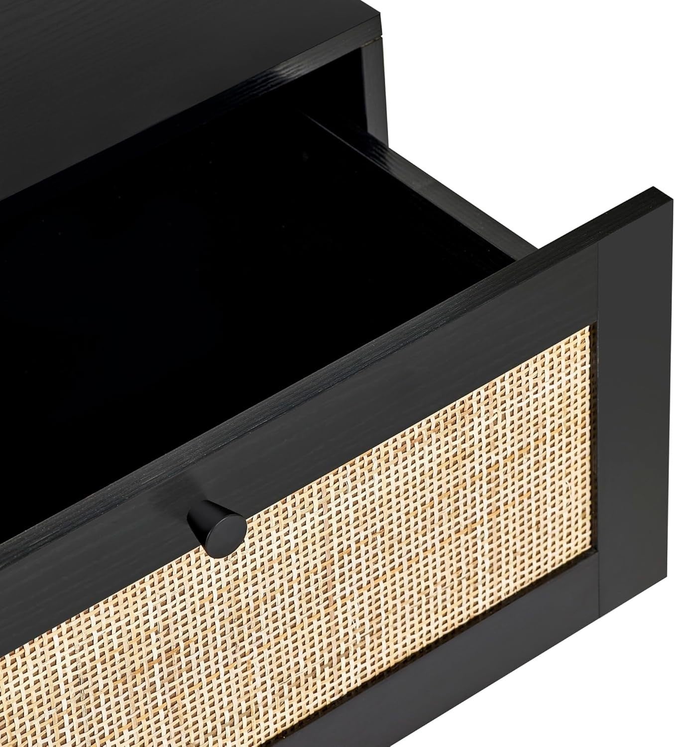 Modern Black 2 Drawer Bedside Table with Rattan Front 50x30x55cm