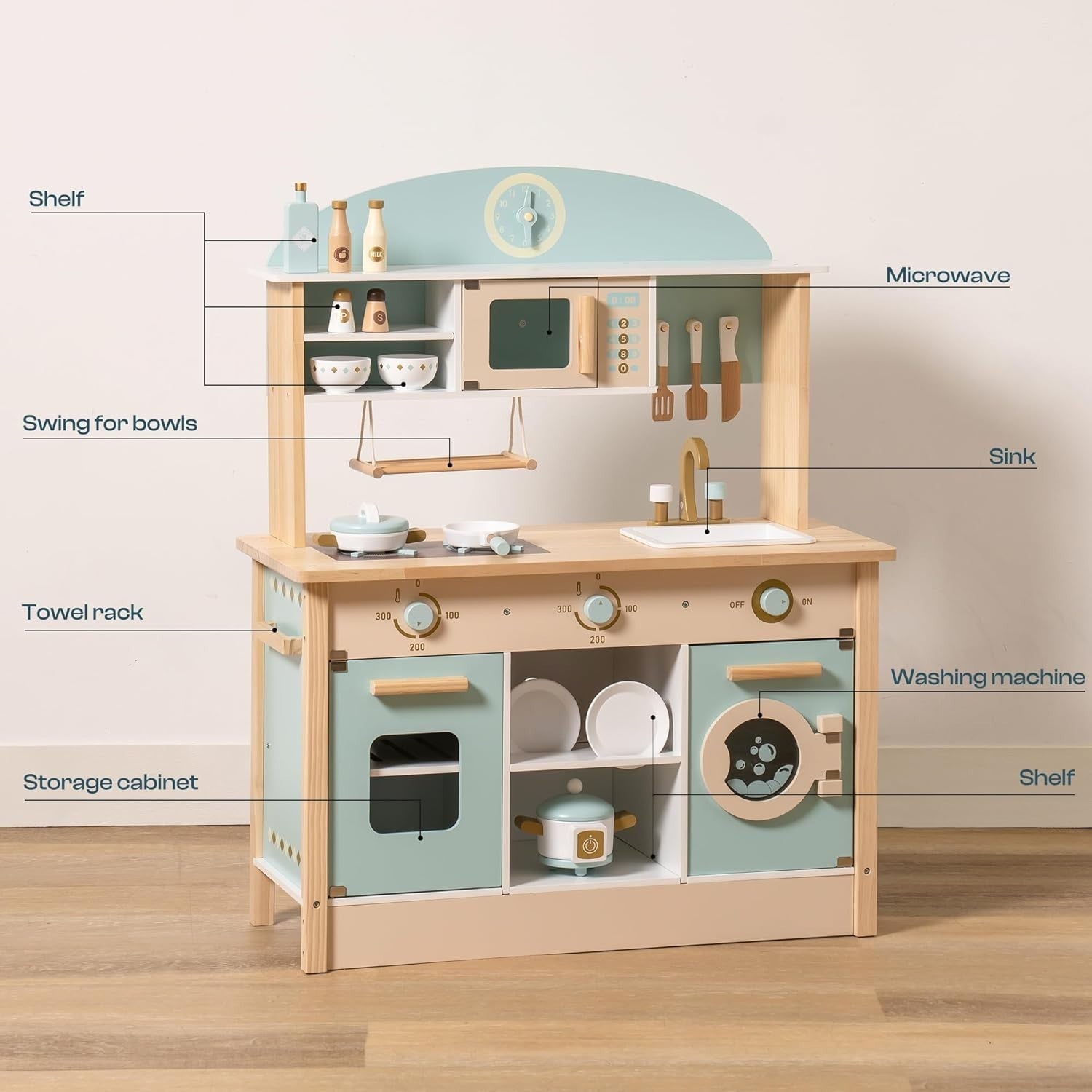 Kids Wooden Play Kitchen Set w/ Oven Microwave Blue Toy Kitchen