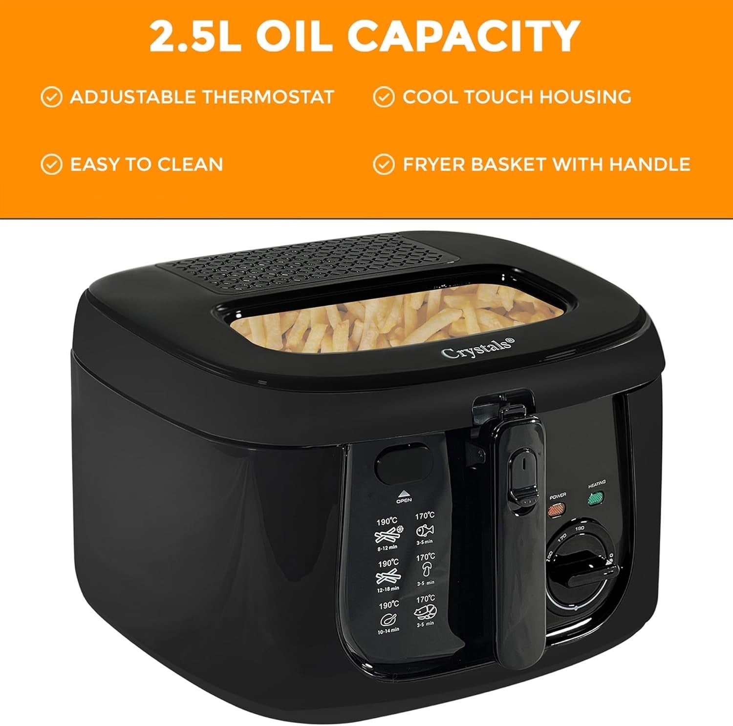 2.5L Deep Fat Fryer 1800W Adjustable Temp Viewing Window Compact