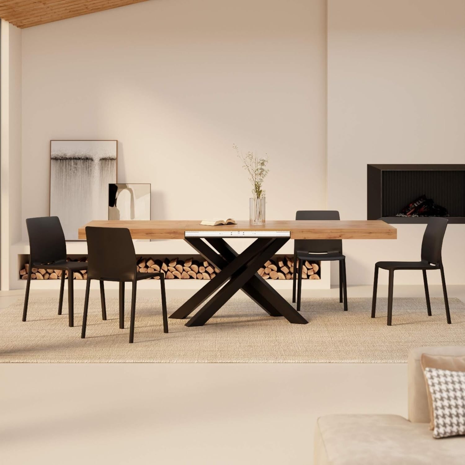 Extendable Walnut Dining Table 160–240cm w/ Rustic oak Cross Black Legs Modern