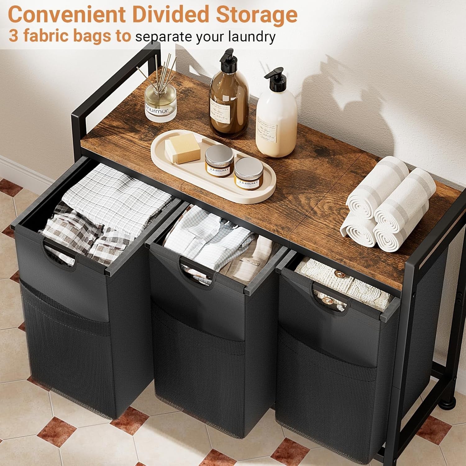 142L Laundry Sorter with 3 Pull-Out Bags & Shelf Large Freestanding Organizer