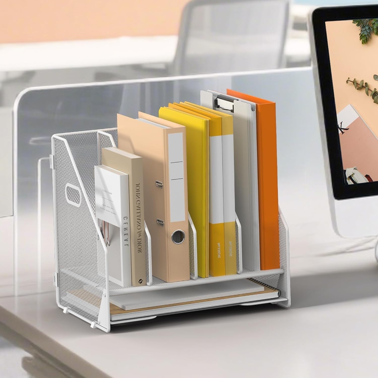 4-Tier Desktop File Organizer with Adjustable Compartments & Letter Tray, White