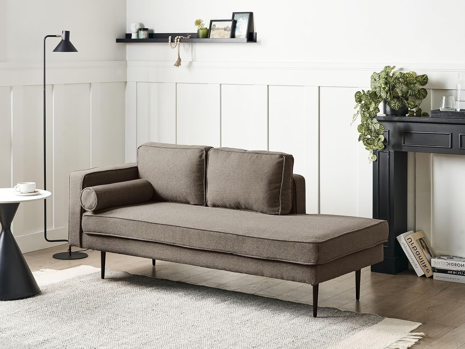 Brown Chaise Lounge Sofa Left-Hand | Bolster Cushion Modern Metal Legs