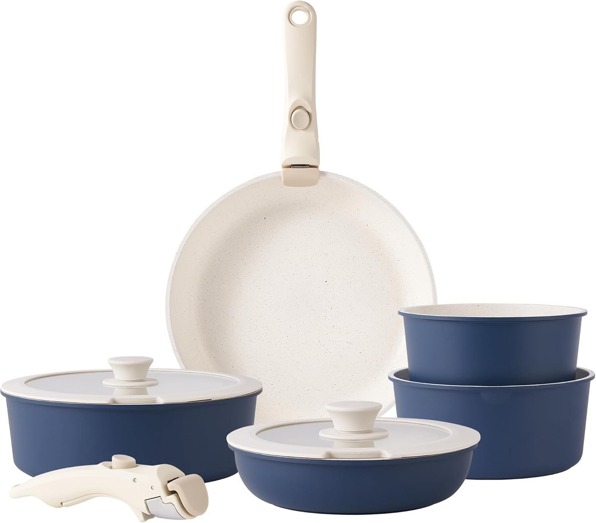 5Pcs Blue Pots Pans Set with Glass Lids & Detachable Handle Induction Safe
