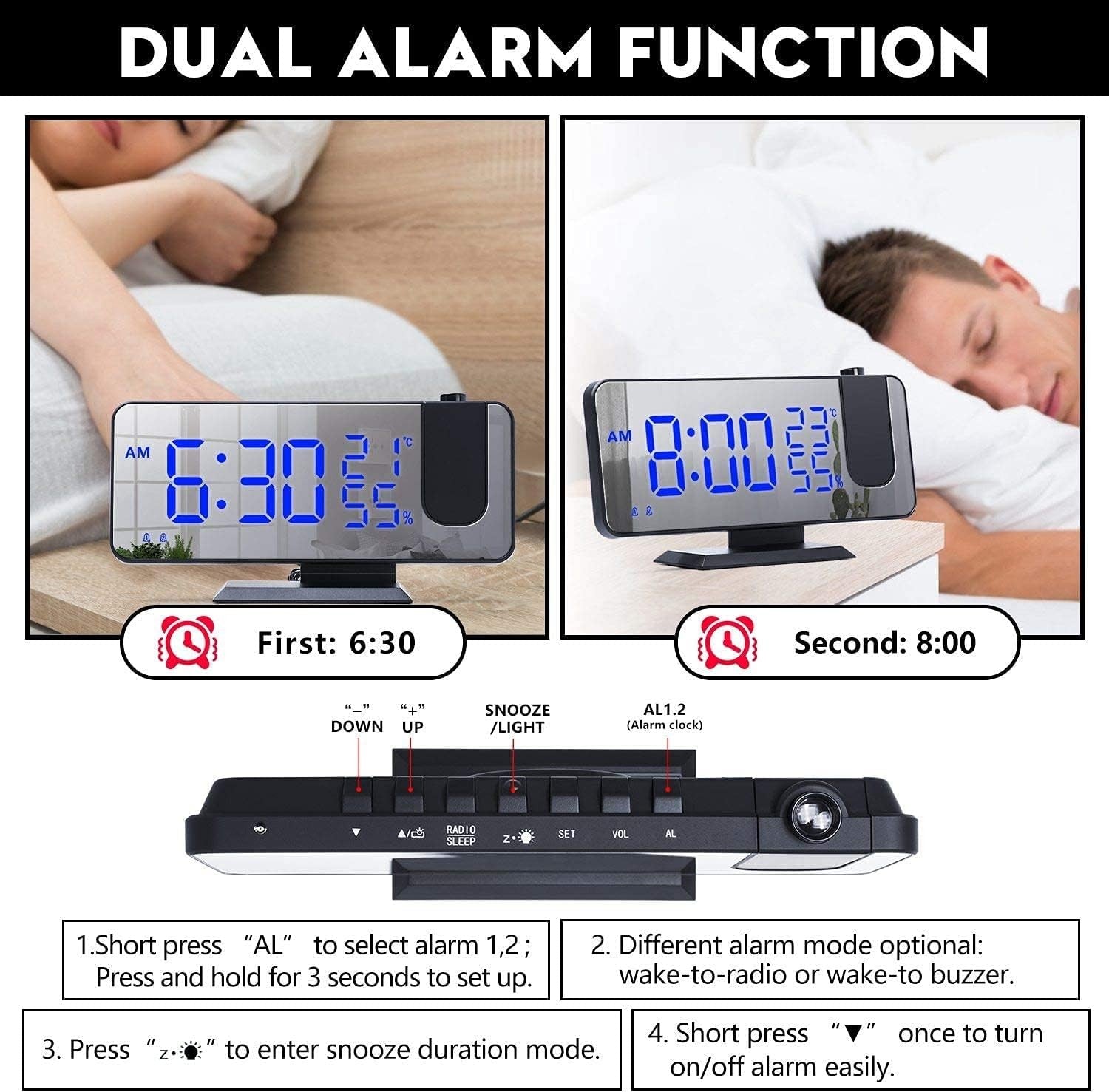 Black Projection Alarm Clock FM Radio USB Charger LED Temperature Display