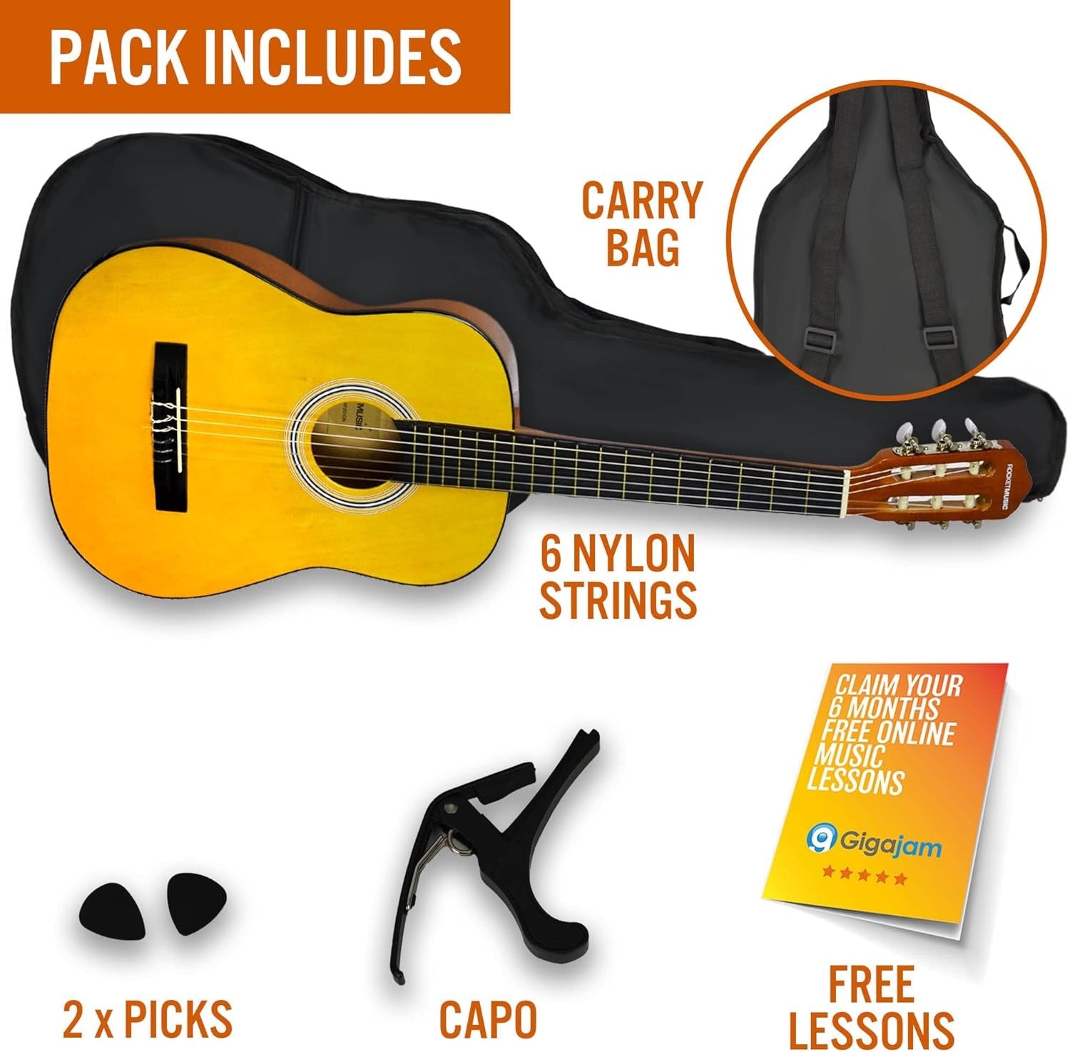 3/4 Junior Classical Guitar Starter Pack Natural Kids Kit