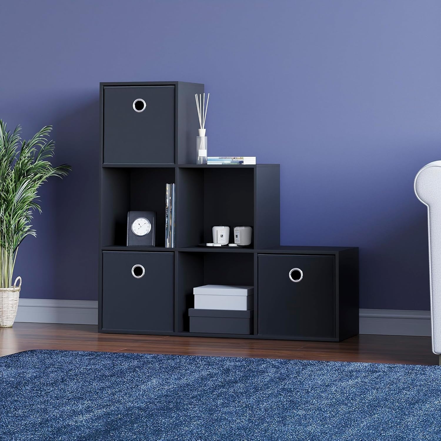 6 Cube Black Staircase Bookcase with 3 Baskets – Sturdy Storage Organizer