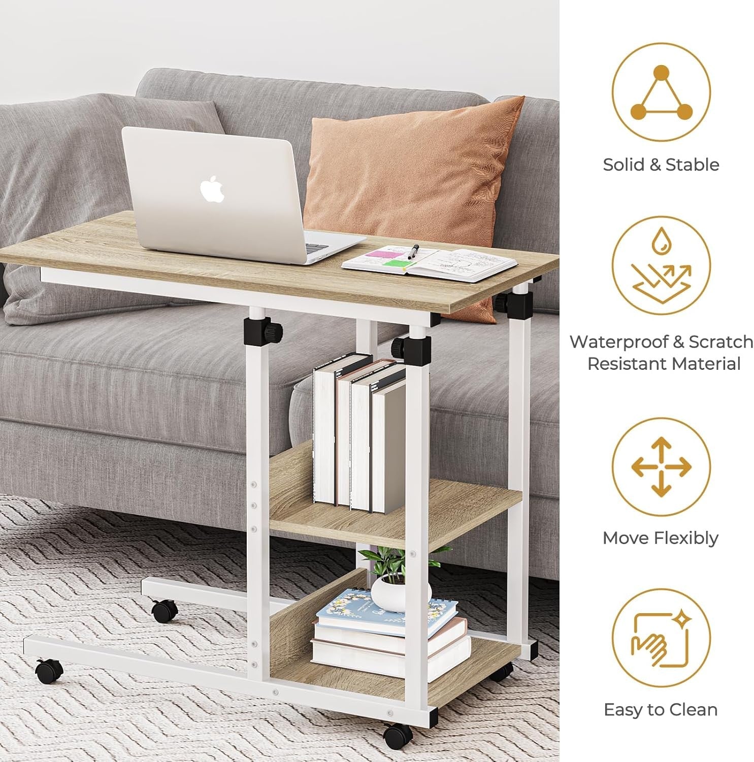 C Shaped Side Table Height Adjustable Sofa Bed Laptop Desk with Wheels