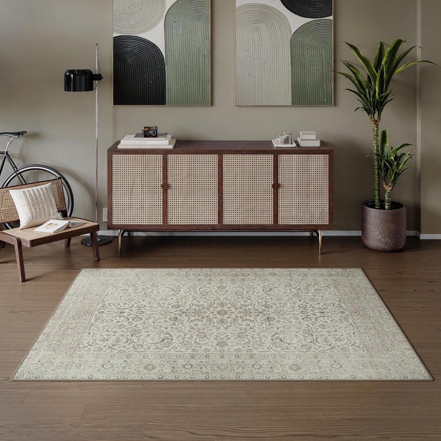 Washable Rug 152x213cm Non-Slip Vintage Cream Carpet Living Room Bedroom Soft