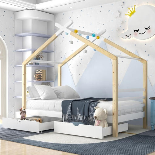 3FT Kids House Bed with Storage Drawers Solid Wood Teepee Frame Toddler Single B