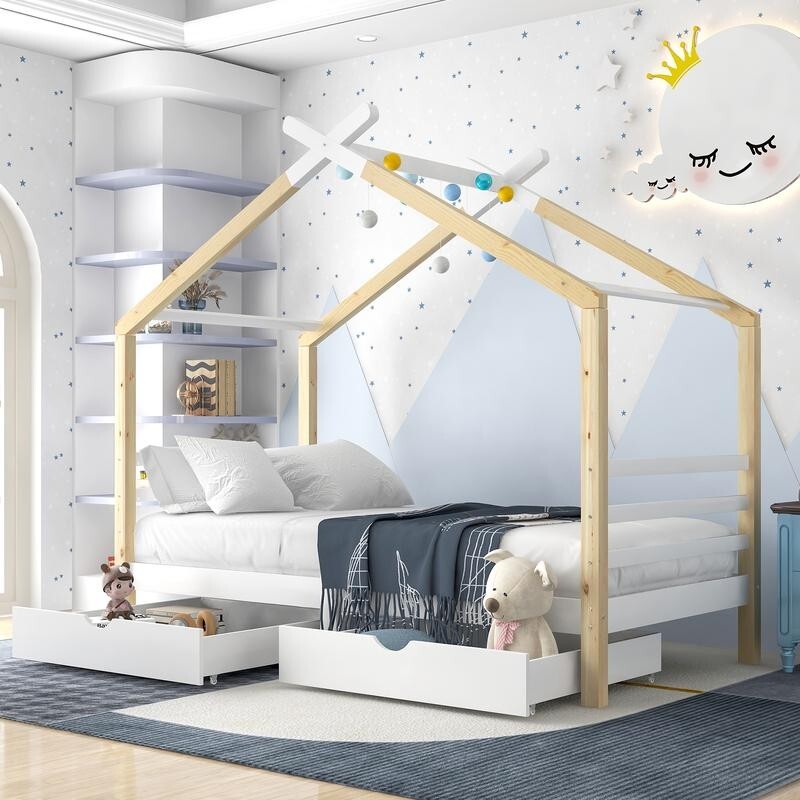 3FT Kids House Bed with Storage Drawers Solid Wood Teepee Frame Toddler Single B