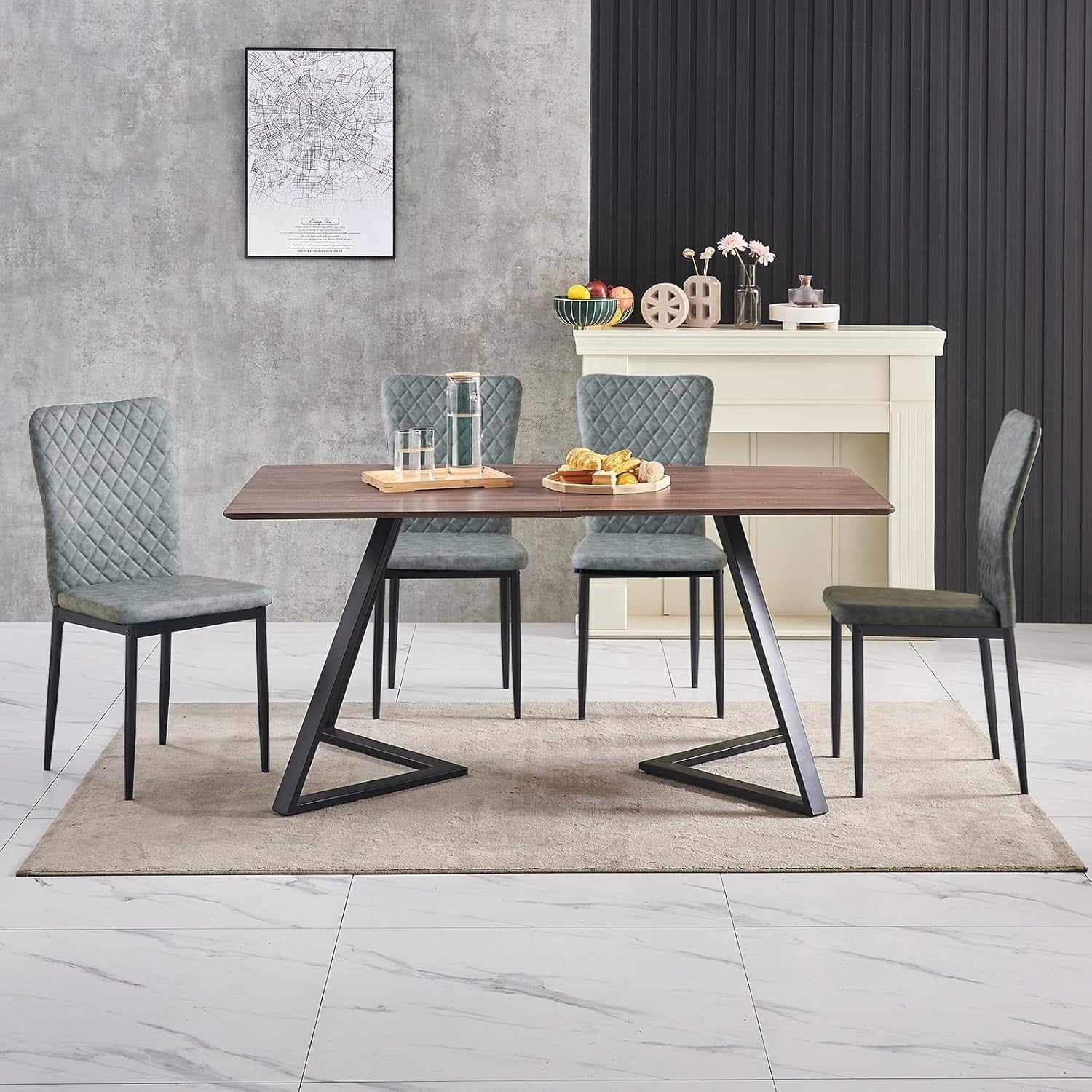 Dining Table Set 6 with 6 Grey Faux Leather Chairs, Oak 150x80cm, Modern Kitchen
