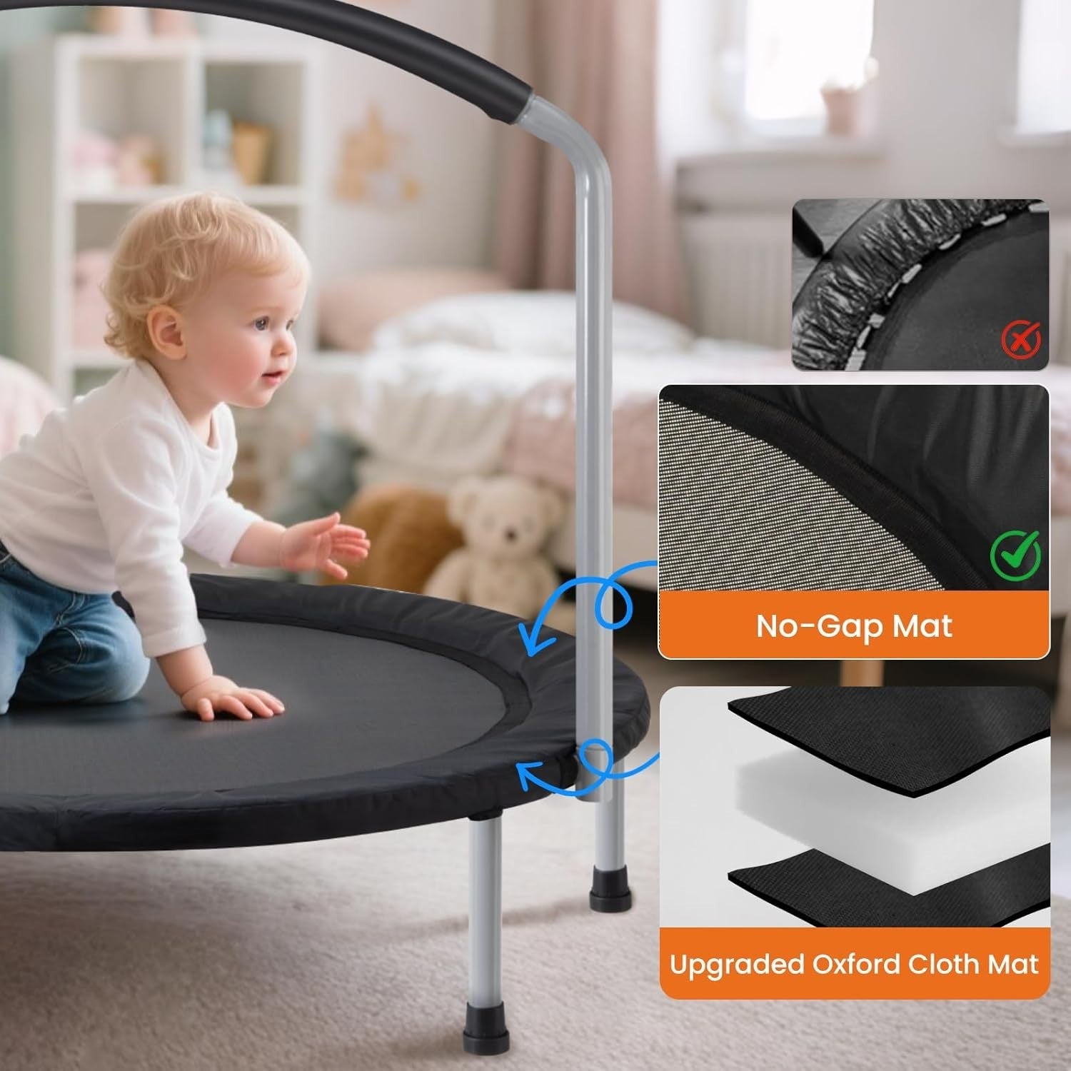 36” Foldable Toddler Mini Trampoline Quiet Indoor Outdoor w Foam Handle