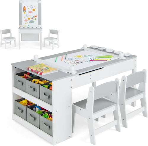 Kids Art Table & Chair Set with Storage, Paper Roll & 5 Paint Cups - Grey