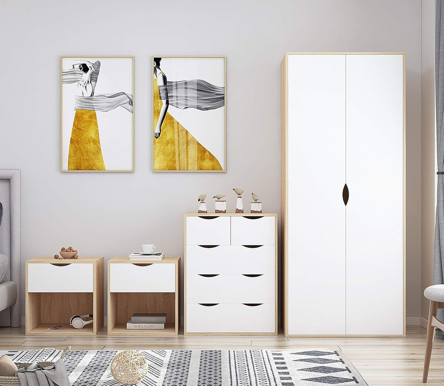4pc Bedroom Furniture Set Wardrobe Chest Bedside Cabinet White on Oak