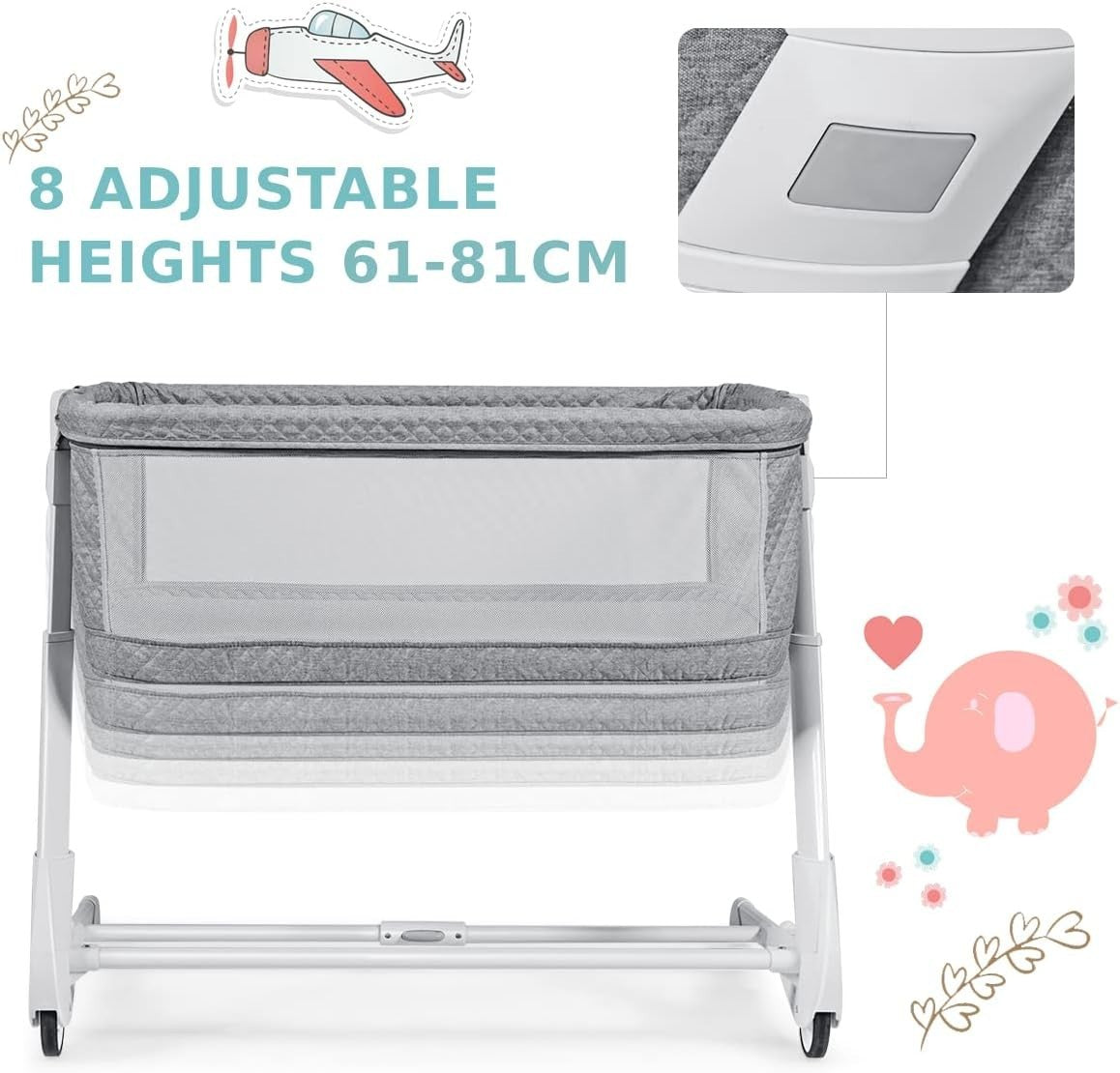 Bedside Baby Crib Adjustable Bassinet with Mattress & Wheels, Breathable Grey