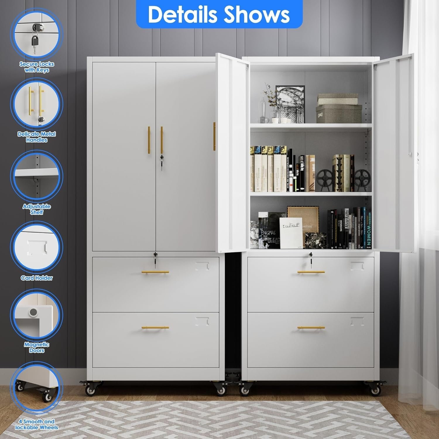 Tall Locking Metal File Cabinet 2 Drawer Rolling Office Storage White