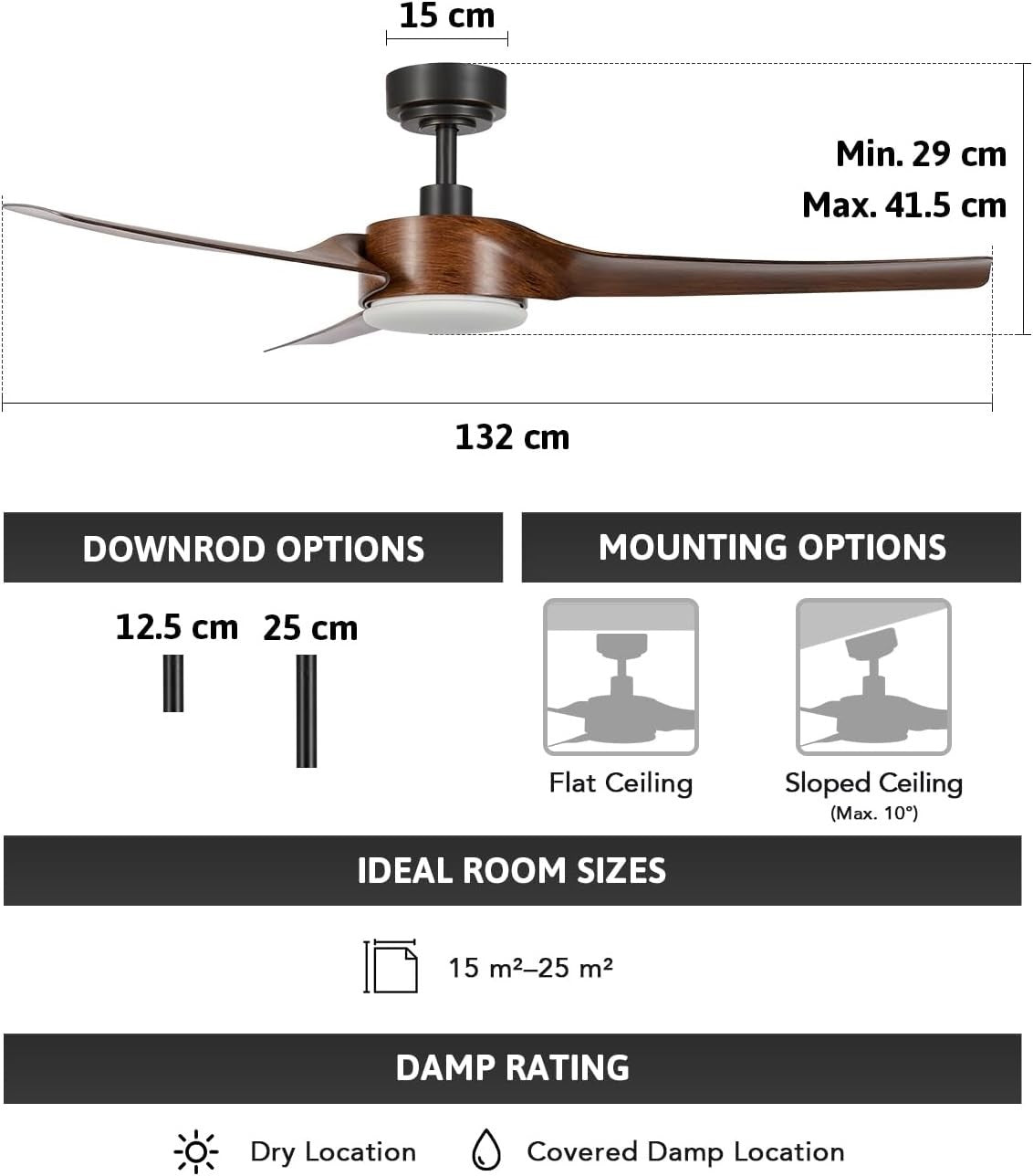 52" Smart Ceiling Fan with Light, 6-Speed, Remote, Black Walnut