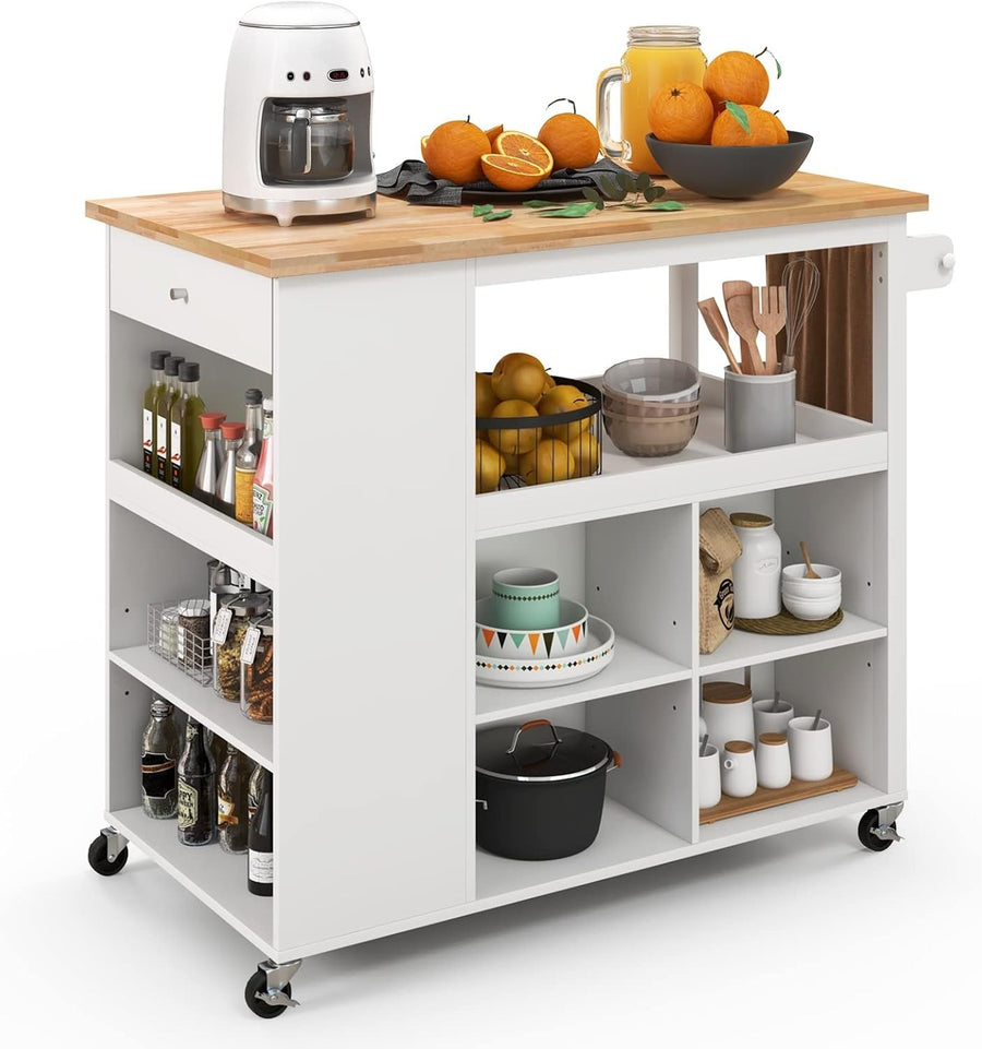 White Large Kitchen Island Cart Rubber Wood Top