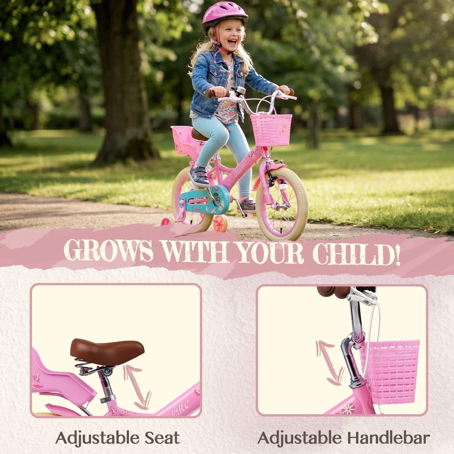 14 Inch Girls Kids Bike with Stabilisers Basket Doll Seat Pink Age 3-5