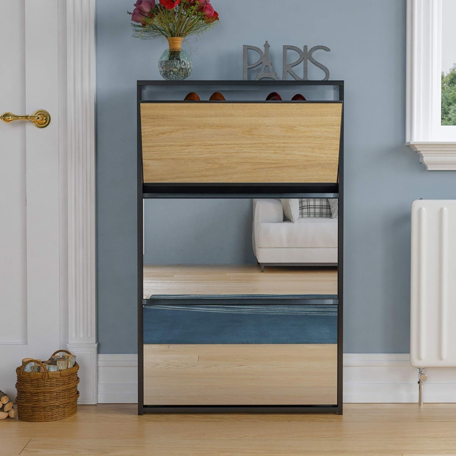 Mirrored 3-Drawer Shoe Cabinet Hallway Storage Unit 62x16.5x100cm Black
