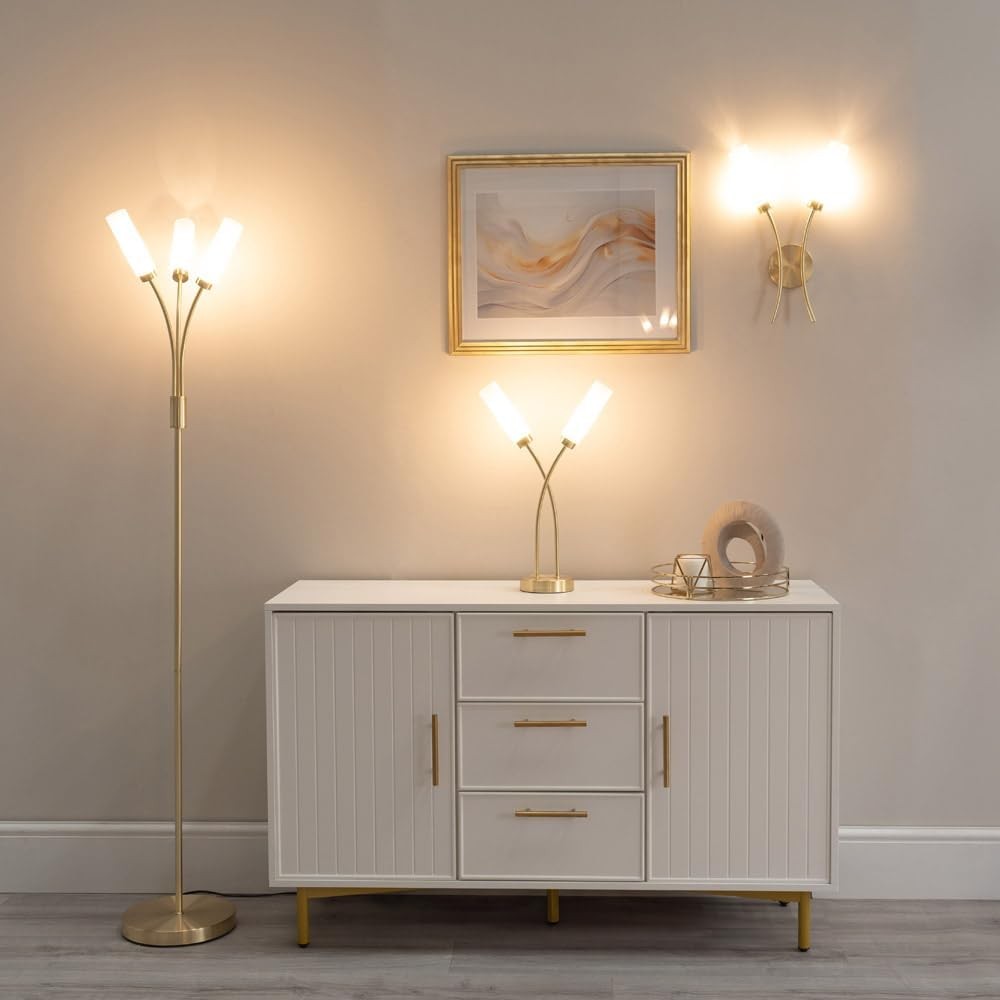 3 Arm Curved Floor Lamp Brushed Gold Modern Standing Light with Bulbs