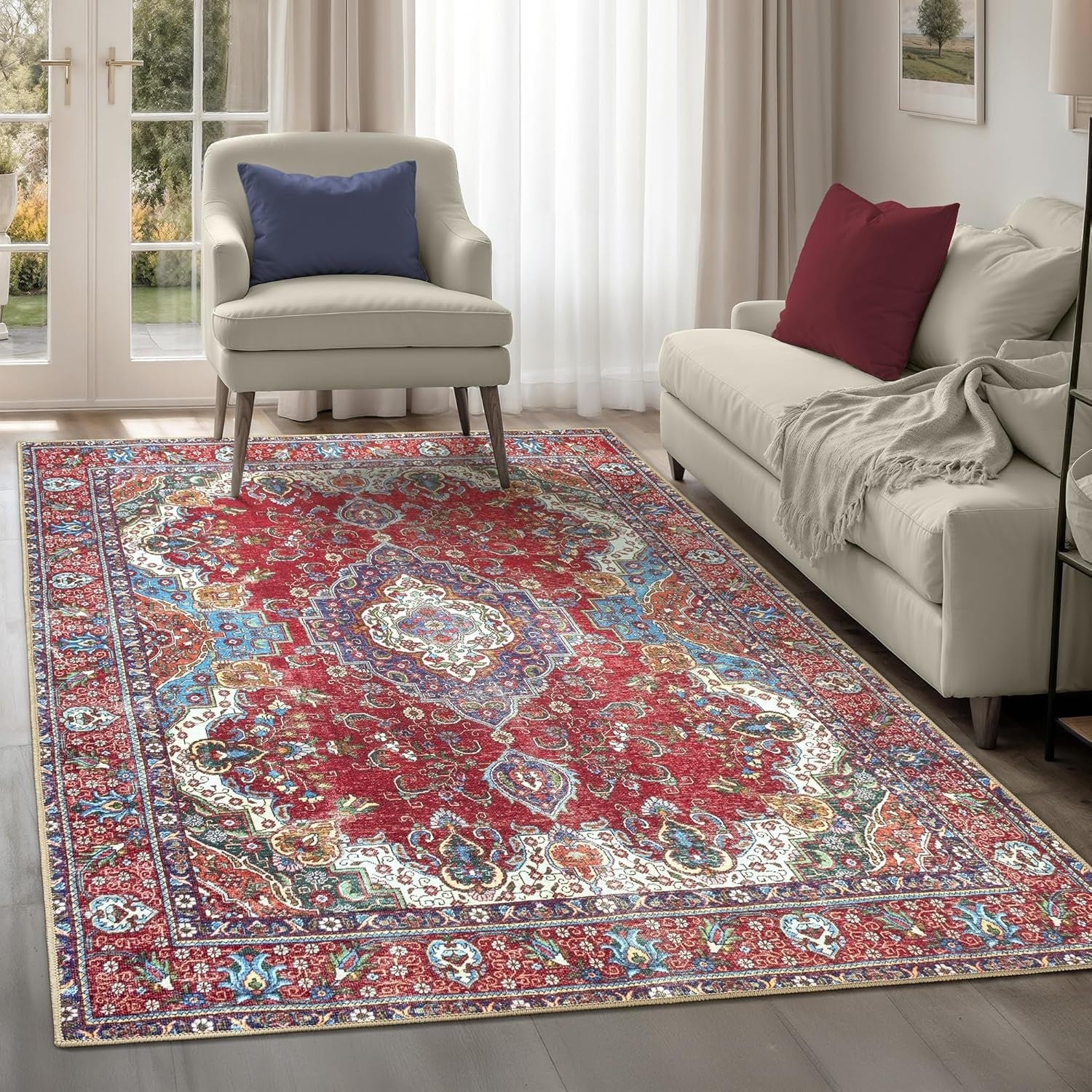 Washable Rug 122x170cm Non-Slip Short Pile Vintage Burgundy Blue Area Carpet
