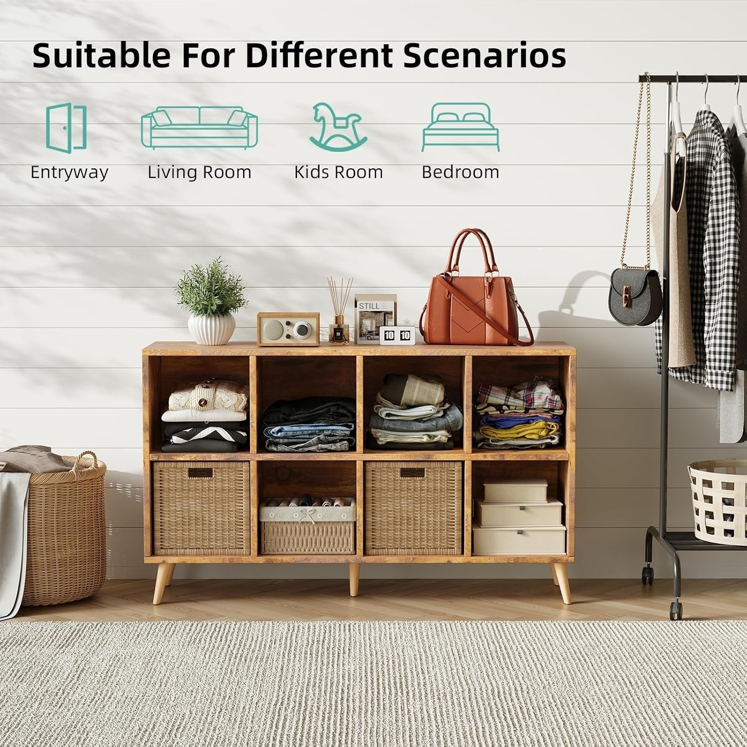 8 Cube Modern Bookcase with Legs Rustic Brown Wooden Storage Shelf 120cm