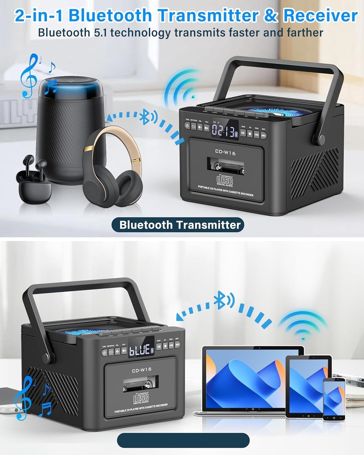 Portable CD Player Boombox Cassette Bluetooth FM USB TF AUX Remote