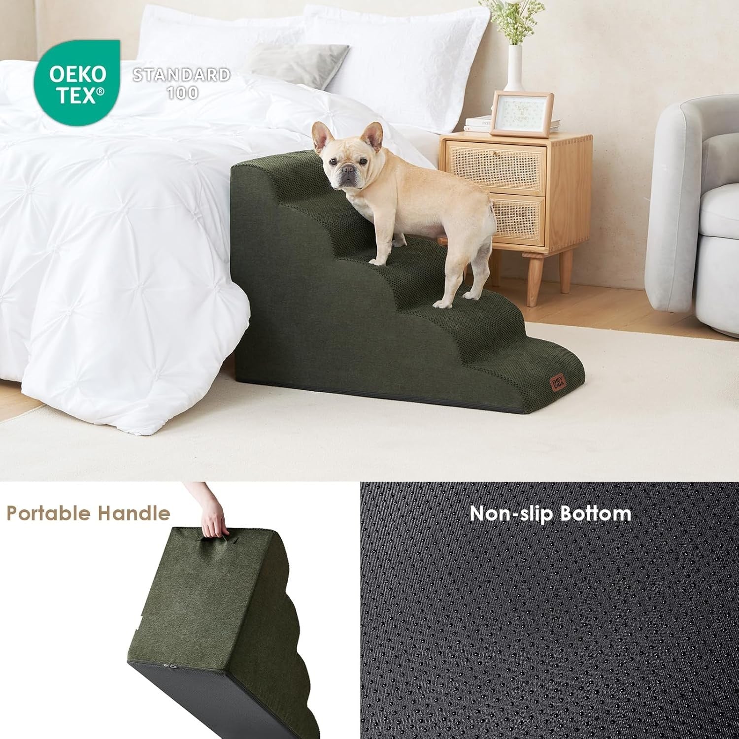 5 Step Dog Stairs for High Bed Non Slip Pet Steps Olive 83.5cm