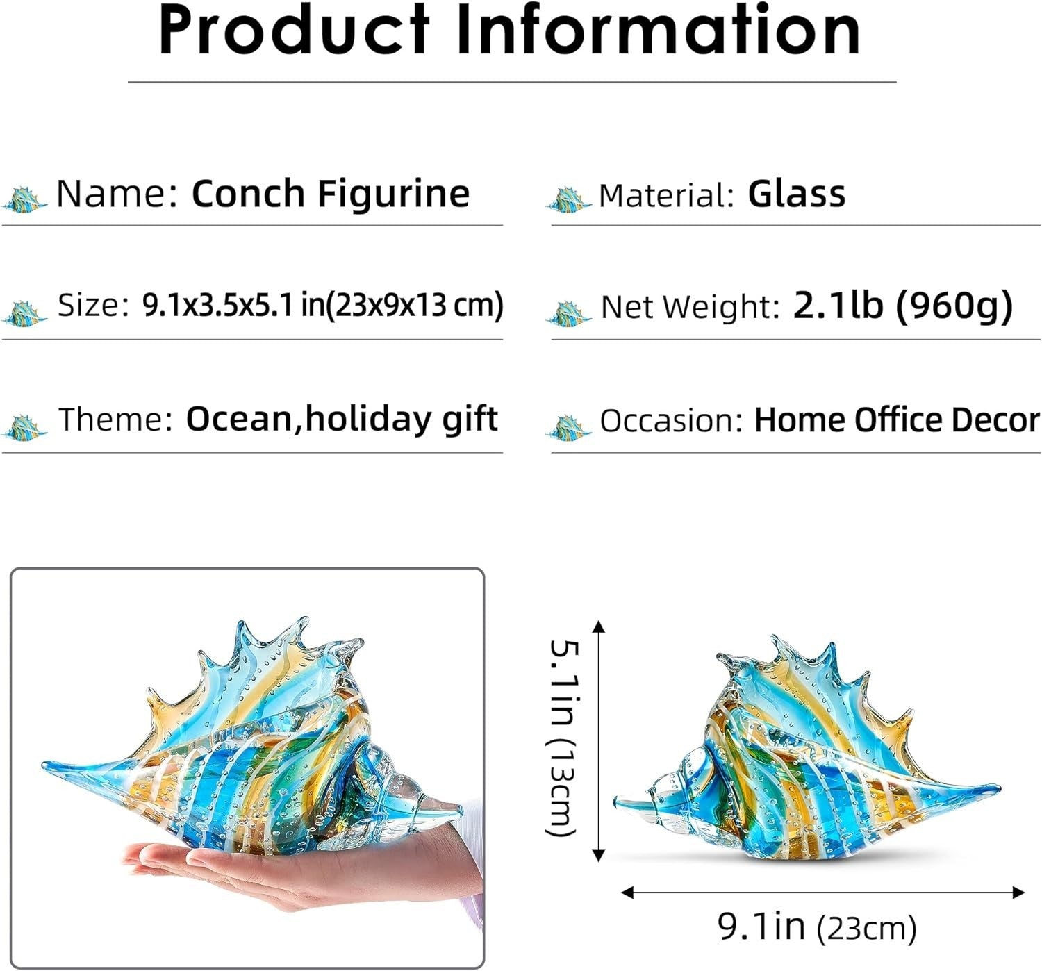 Hand Blown Glass Conch Figurine • Colourful Seashell Ornament