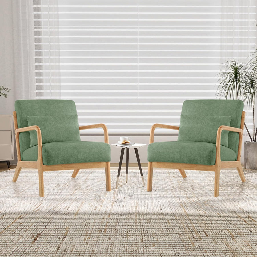 Green Accent Chairs Set of 2 Mid Century Wood Frame Lounge Armchairs