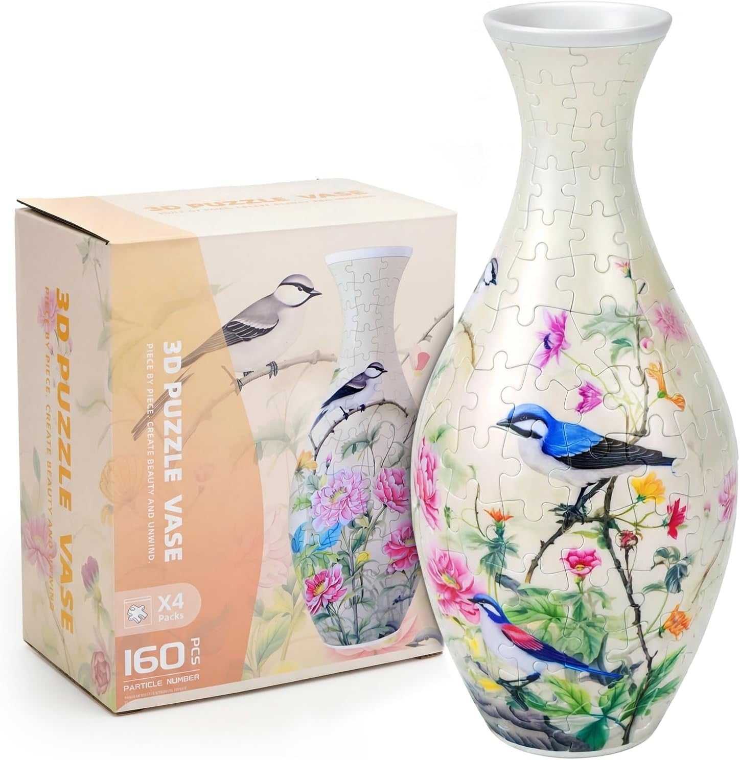3D Puzzle Flower Vase Kit 160PCS Peony Bird Curved Plastic Decor