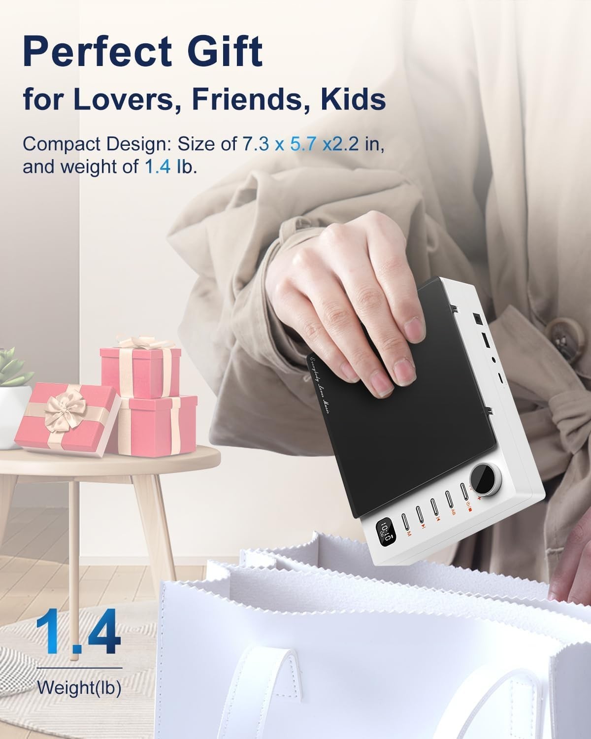 Portable Bluetooth CD Player HiFi Speakers USB AUX Optical Rechargeable White