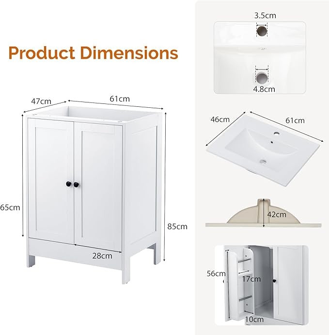 White Bathroom Sink Cabinet 64x47x85cm Vanity Unit with Basin Storage Cupboard