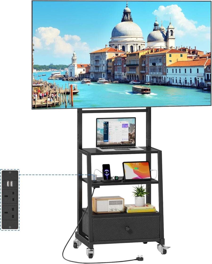 Adjustable Rolling TV Stand with Power Outlets & Drawer Storage for Home Gym