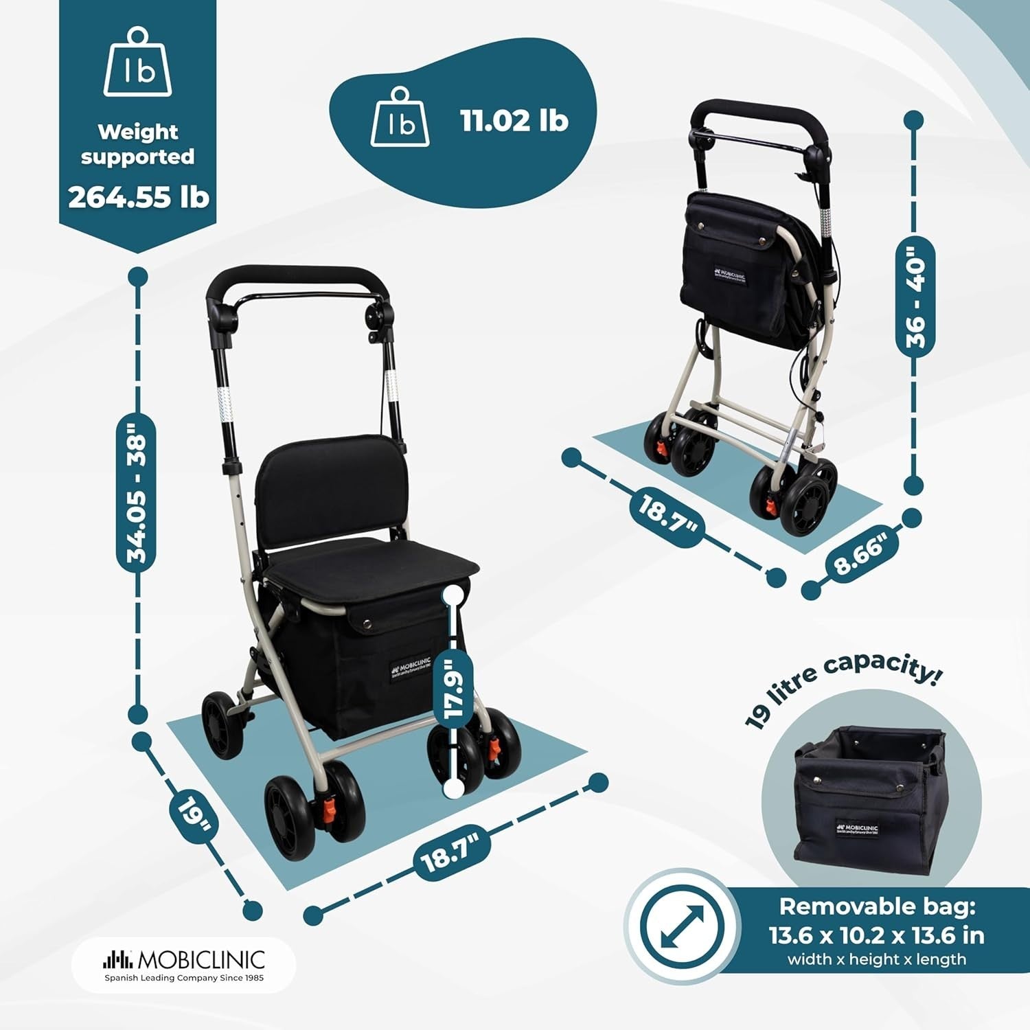 Shopping Trolley with Seat Walker Foldable Rollator with Backrest & Brake