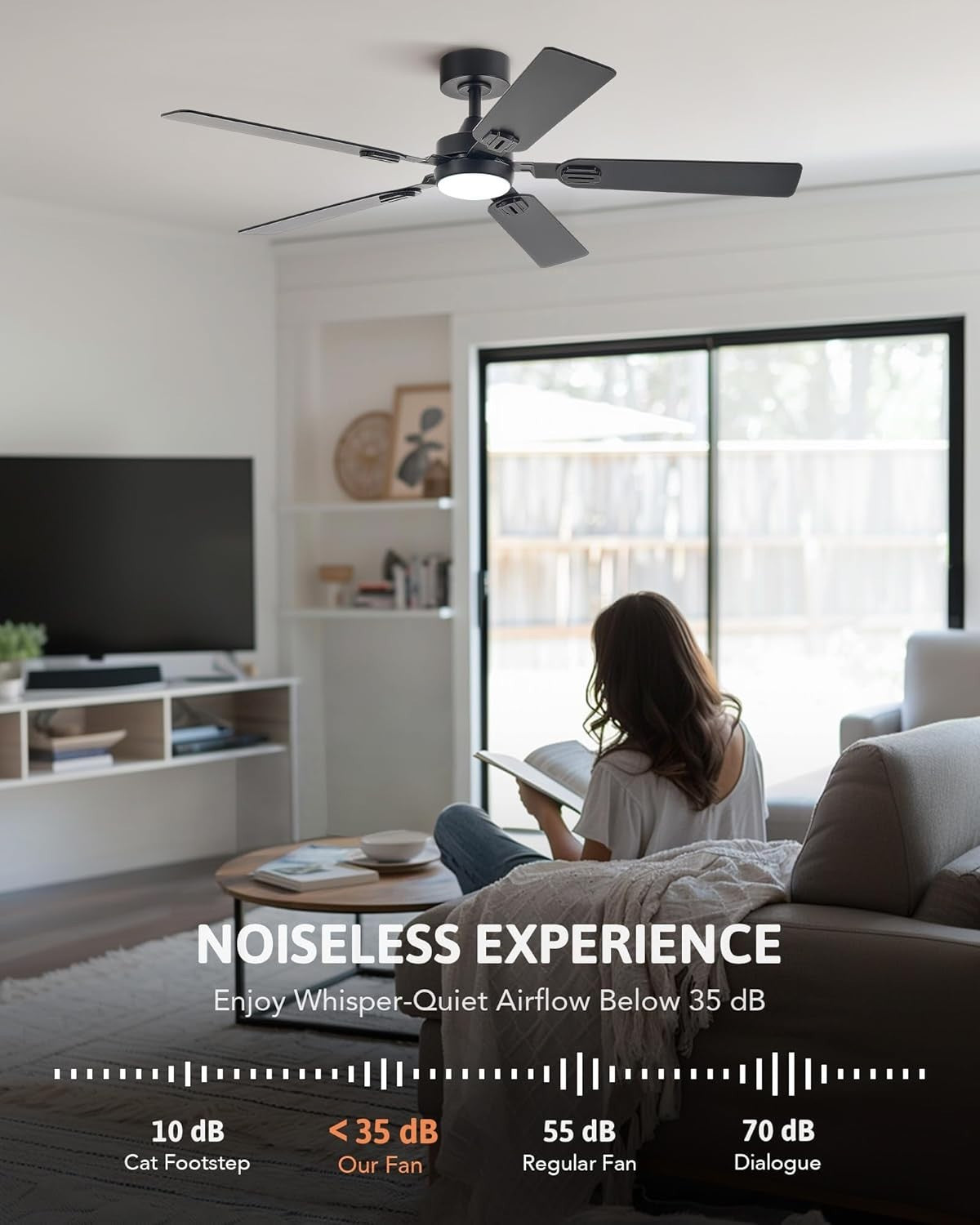52" Ceiling Fan with Light, 6-Speed, Remote, Reversible, Black/Brown