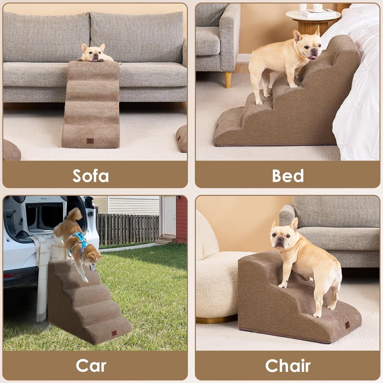 5 Step Dog Stairs for High Bed Non Slip Foam Pet Steps Washable Camel