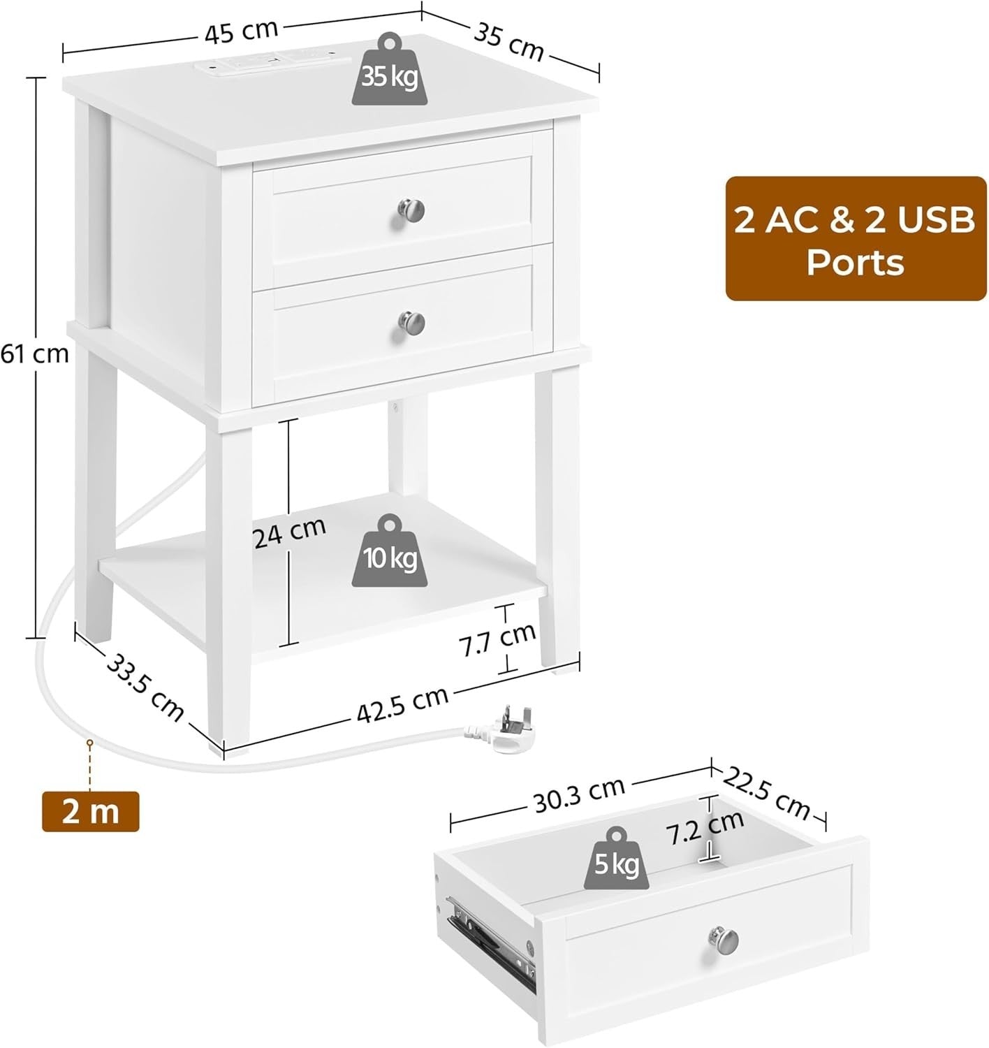 White Bedside Tables Set of 2 with Charging Station, 2 Drawers & Shelf