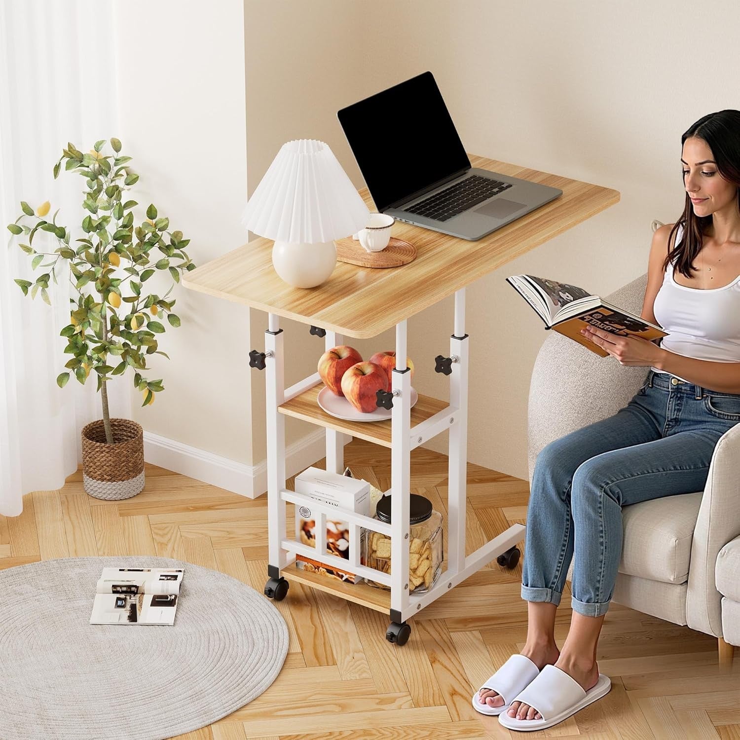 Overbed Table with Wheels Adjustable Height Bedside Laptop Desk Storage