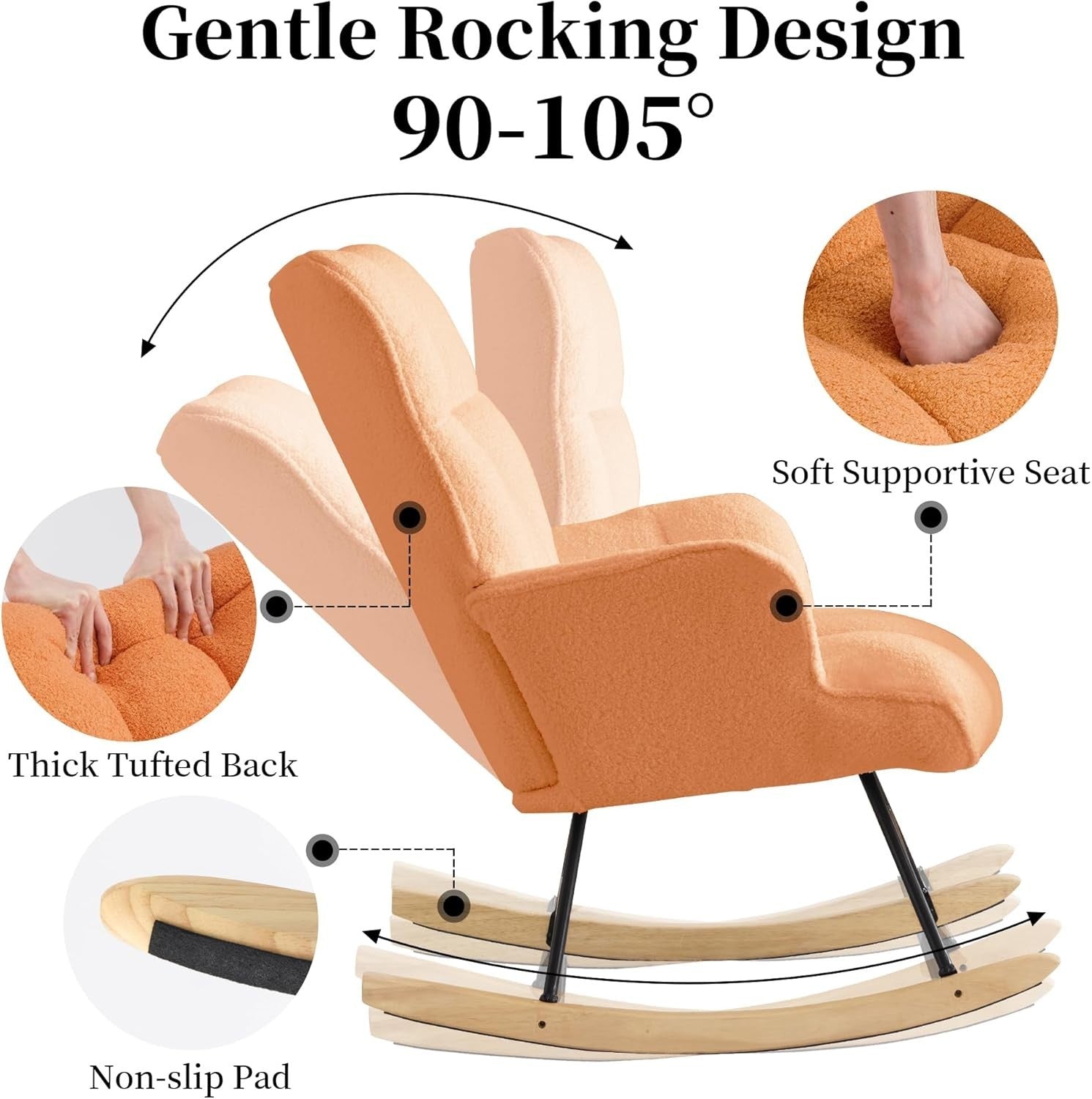 Teddy Fleece Rocking Chair for Adults Nursery Glider Armchair Orange