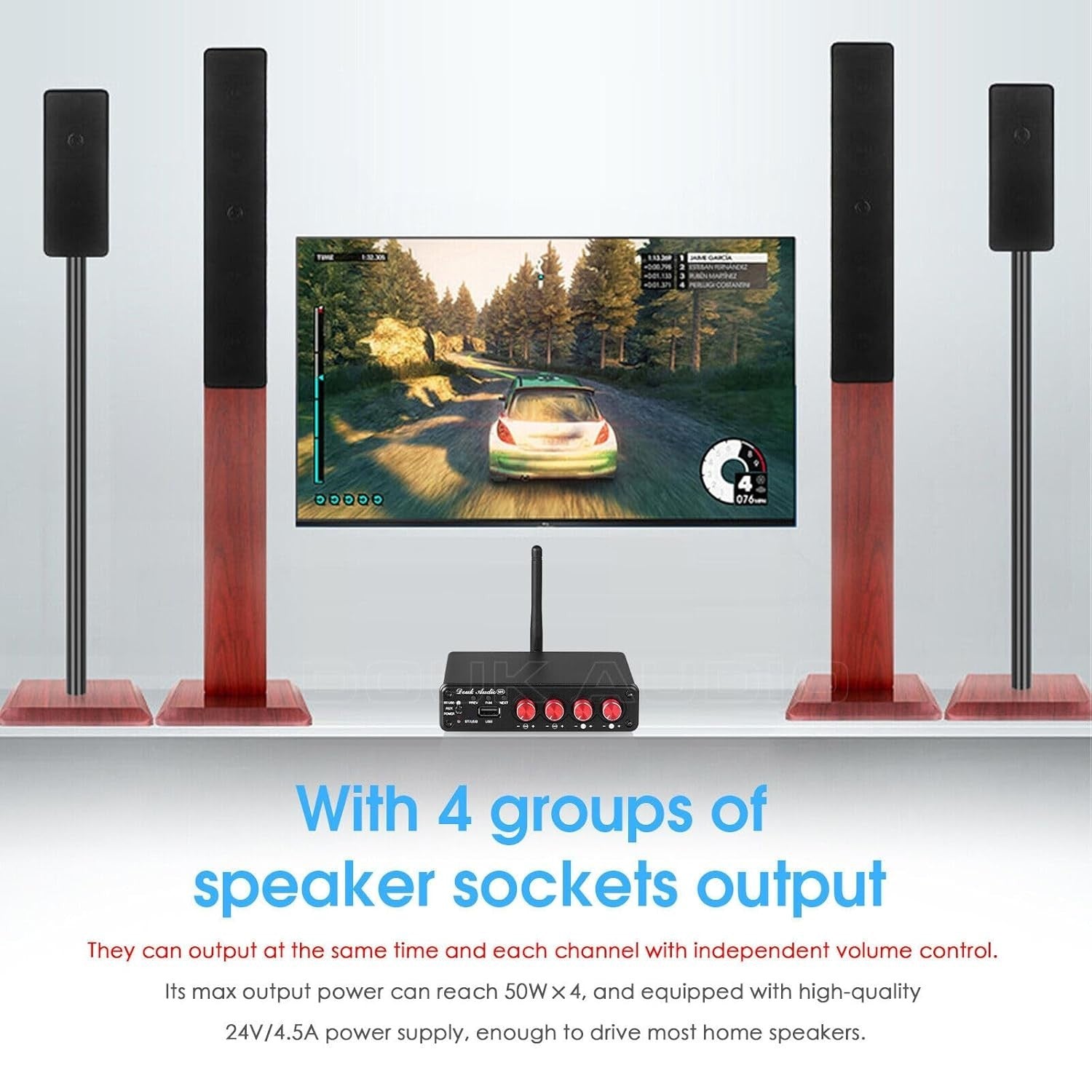 Bluetooth 5.0 HiFi Stereo Amplifier 4 Channel 50W x4 USB RCA