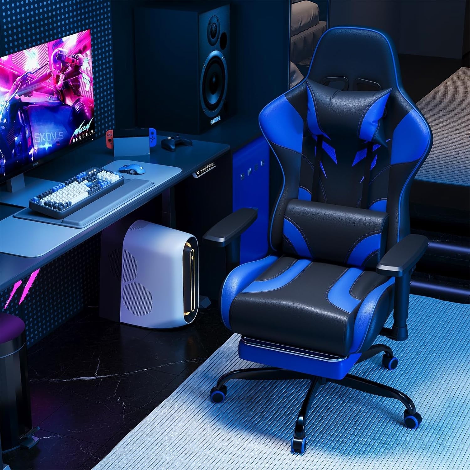 Ergonomic Gaming Chair w/ Footrest 2D Armrests PU Leather Blue
