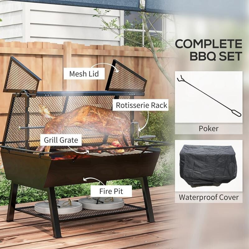 3-in-1 BBQ Grill Fire Pit with Rotisserie, Mesh Lid, Poker & Cover Outdoor