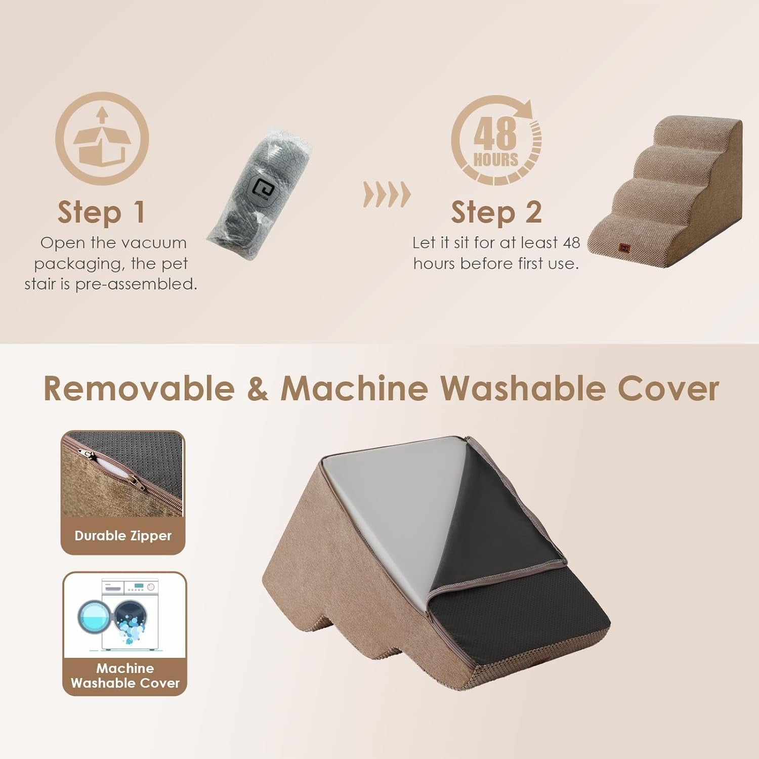 4 Step Dog Stairs for High Bed Non Slip Foam Pet Steps Washable Camel